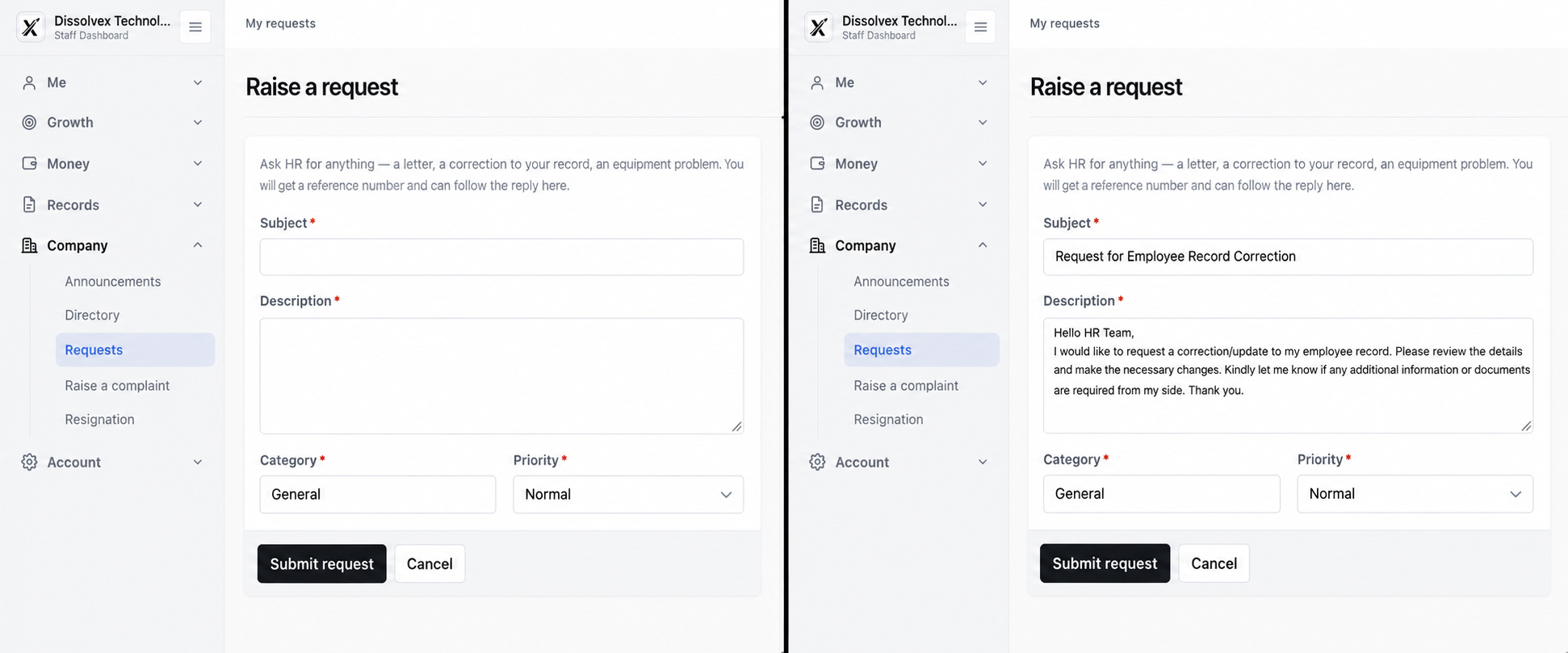 Raise a Support Request — dissolveX HRMS